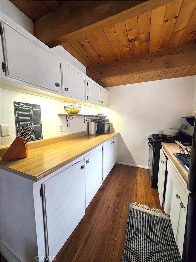 143 Cedar Ln, Sugarloaf, CA 92386 - kitchen featuring wood ceiling, gas stove, white cabinetry, beamed ceiling, and dark wood-type flooring
