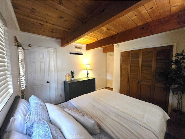 143 Cedar Ln, Sugarloaf, CA 92386 - bedroom with wooden ceiling, beamed ceiling, and a closet