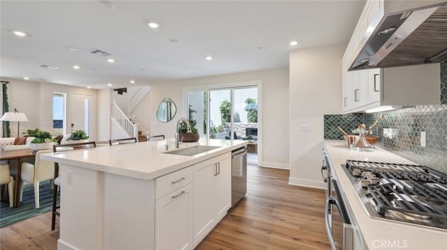 kitchen with appliances with stainless steel finishes, tasteful backsplash, a sink, ventilation hood, and light wood finished floors