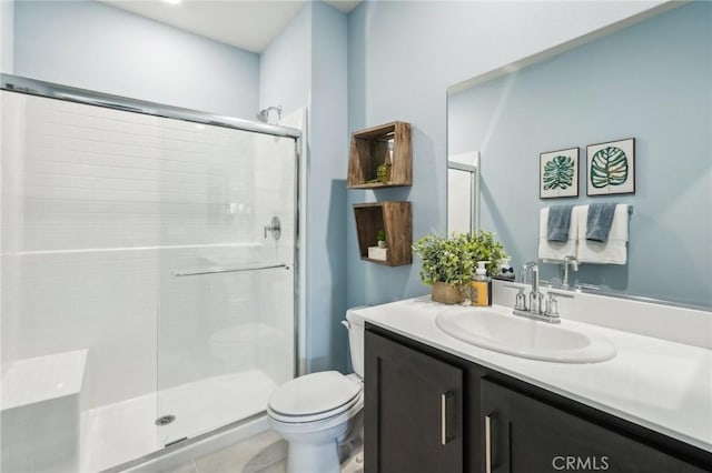 full bath featuring vanity, toilet, and a stall shower