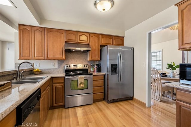 6192 Sierra Siena Rd, Irvine, CA 92603 - kitchen featuring under cabinet range hood, stainless steel appliances, brown cabinets, and a sink