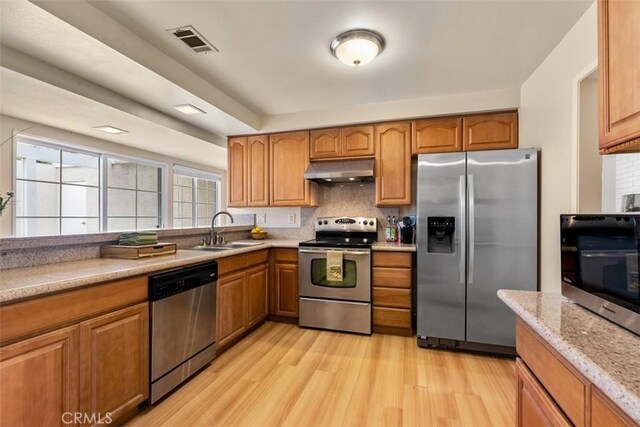 6192 Sierra Siena Rd, Irvine, CA 92603 - kitchen featuring visible vents, under cabinet range hood, a sink, light wood-style flooring, and stainless steel appliances