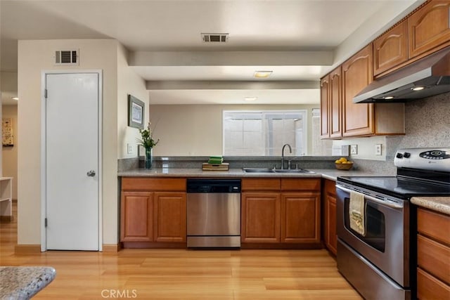 6192 Sierra Siena Rd, Irvine, CA 92603 - kitchen with brown cabinetry, visible vents, a sink, under cabinet range hood, and stainless steel appliances