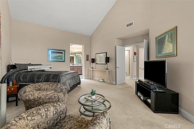 20 Delphinus Unit 20, Irvine, CA 92603 - bedroom with carpet flooring, ensuite bath, high vaulted ceiling, baseboards, and visible vents