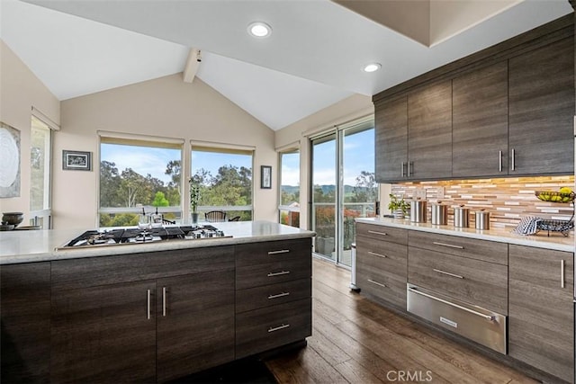 20 Delphinus Unit 20, Irvine, CA 92603 - kitchen featuring modern cabinets, dark brown cabinets, light countertops, stainless steel gas stovetop, and a warming drawer