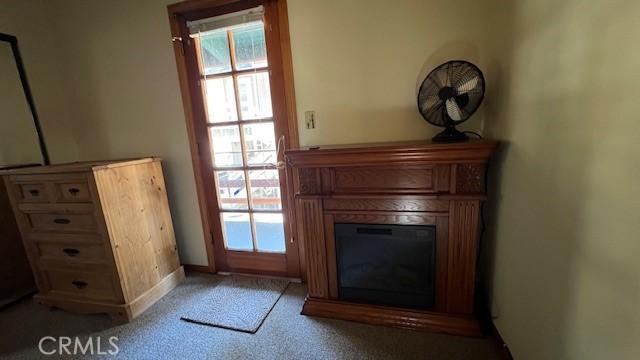 33411 Weeping Willow Dr, Green Valley Lake, CA 92341 - entryway with a glass covered fireplace, carpet floors, and baseboards
