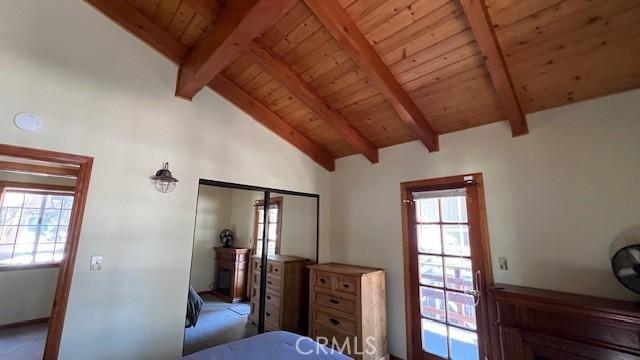 33411 Weeping Willow Dr, Green Valley Lake, CA 92341 - bedroom featuring beam ceiling, wooden ceiling, multiple windows, carpet, and high vaulted ceiling