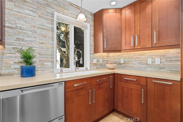 kitchen featuring a sink, dishwasher, light countertops, decorative light fixtures, and tasteful backsplash