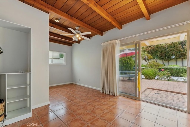 544 Calle Mayor, Redondo Beach, CA 90277 - tiled empty room with a wooden ceiling with exposed beams and a ceiling fan