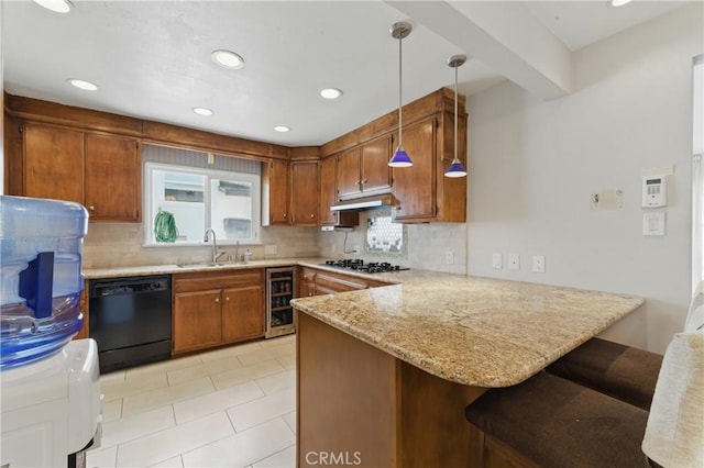 544 Calle Mayor, Redondo Beach, CA 90277 - kitchen featuring dishwasher, wine cooler, a peninsula, gas cooktop, and brown cabinetry