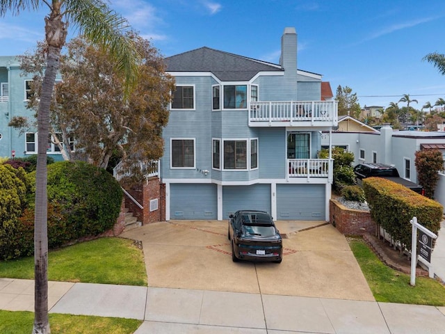 view of front of house with driveway, a chimney, a balcony, and a garage