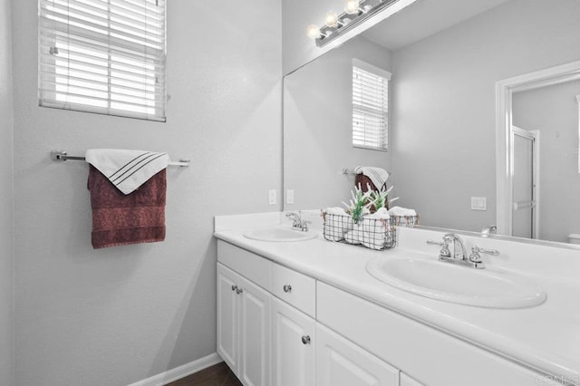 bathroom featuring a sink, baseboards, an enclosed shower, and double vanity