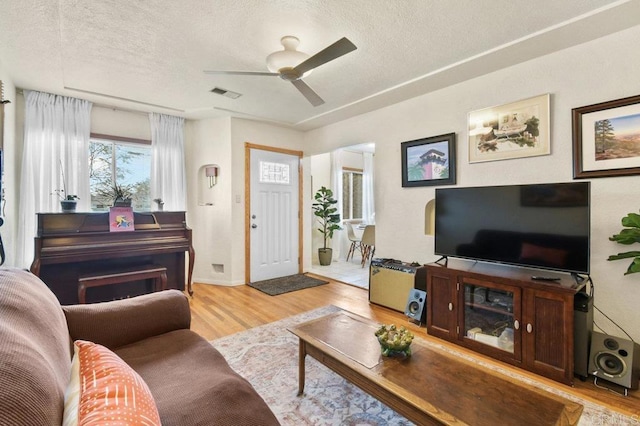 4580 60th St, San Diego, CA 92115 - living room with a textured ceiling, light wood finished floors, and a ceiling fan