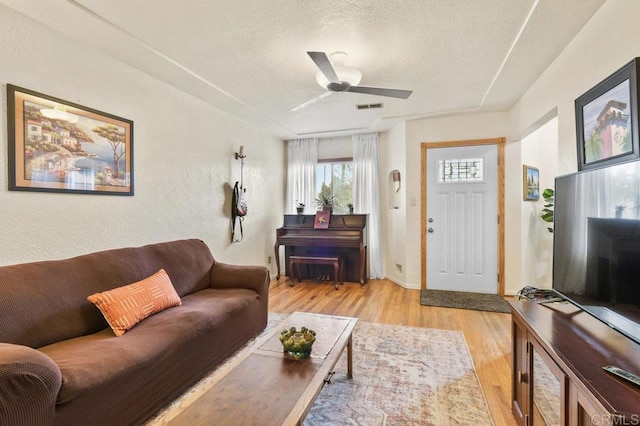4580 60th St, San Diego, CA 92115 - living room with light wood-style floors, a textured ceiling, and a ceiling fan