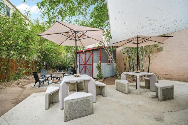 4580 60th St, San Diego, CA 92115 - fenced backyard with a shed, a patio, outdoor dining space, and an outdoor fire pit