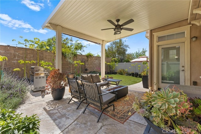 46239 Timbermine Ln, Temecula, CA 92592 - view of patio with a fenced backyard, an outdoor hangout area, ceiling fan, and area for grilling