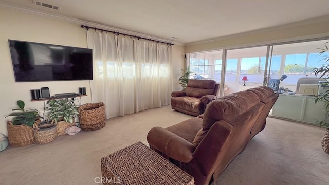 3621 Vista Campana S Unit 56, Oceanside, CA 92057 - living room featuring light carpet, crown molding, and healthy amount of natural light