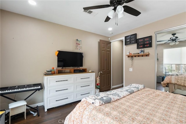 bedroom with dark wood-style flooring, ceiling fan, recessed lighting, baseboards, and visible vents