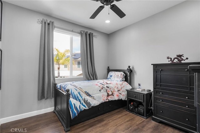 bedroom featuring recessed lighting, baseboards, ceiling fan, and dark wood finished floors