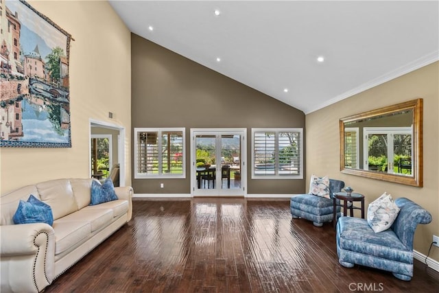 24239 Bella Ct, Newhall, CA 91321 - sitting room with hardwood / wood-style flooring, recessed lighting, french doors, high vaulted ceiling, and ornamental molding