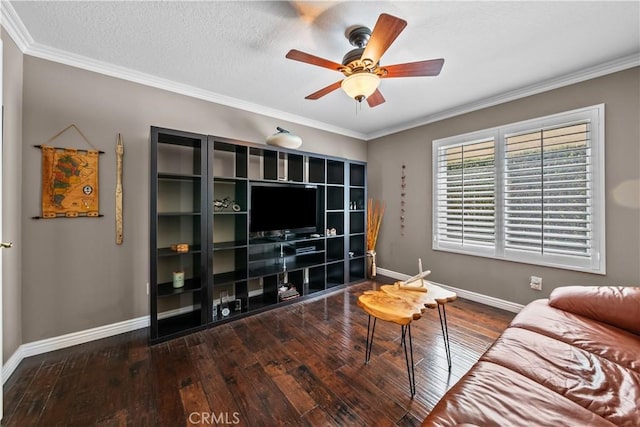 24239 Bella Ct, Newhall, CA 91321 - living room featuring baseboards, ceiling fan, hardwood / wood-style floors, and crown molding