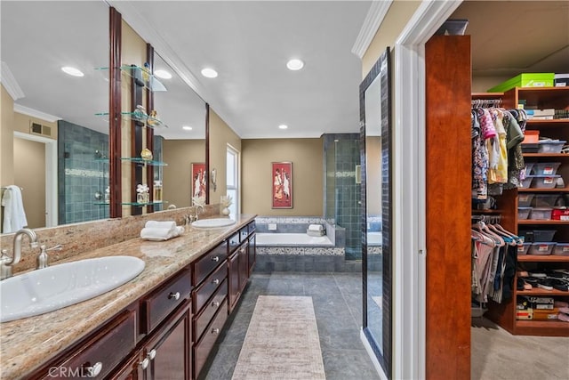 24239 Bella Ct, Newhall, CA 91321 - bathroom with ornamental molding, a walk in closet, a bath, a stall shower, and recessed lighting