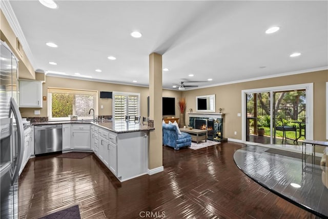 24239 Bella Ct, Newhall, CA 91321 - kitchen with dishwasher, a glass covered fireplace, crown molding, open floor plan, and white cabinetry