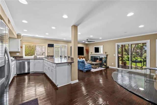 24239 Bella Ct, Newhall, CA 91321 - kitchen with stainless steel appliances, a warm lit fireplace, ornamental molding, white cabinets, and open floor plan