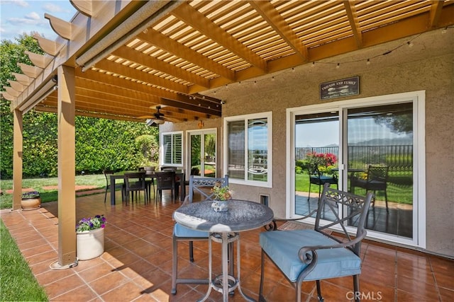 24239 Bella Ct, Newhall, CA 91321 - view of patio with outdoor dining space, a pergola, and ceiling fan