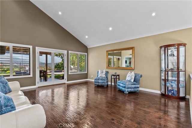 24239 Bella Ct, Newhall, CA 91321 - sitting room with baseboards, high vaulted ceiling, wood finished floors, and recessed lighting