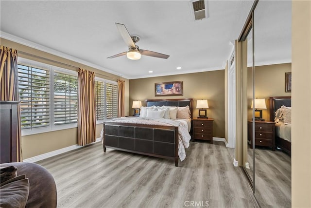 24239 Bella Ct, Newhall, CA 91321 - bedroom featuring ornamental molding, light wood finished floors, recessed lighting, and a ceiling fan