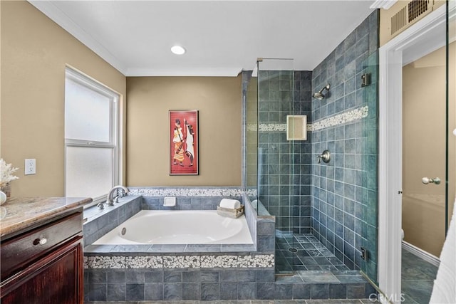 24239 Bella Ct, Newhall, CA 91321 - bathroom with a shower stall, a garden tub, vanity, toilet, and ornamental molding