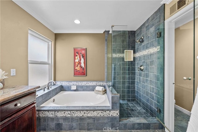 24239 Bella Ct, Newhall, CA 91321 - bathroom featuring a bath, vanity, a tile shower, and crown molding