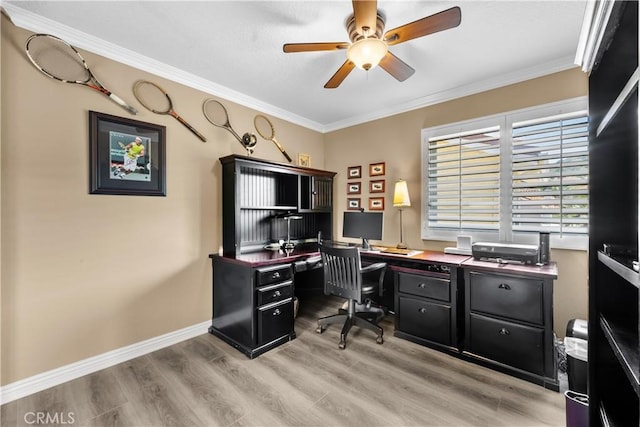 24239 Bella Ct, Newhall, CA 91321 - home office with ceiling fan, light wood finished floors, crown molding, and baseboards