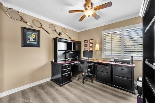 24239 Bella Ct, Newhall, CA 91321 - office area featuring ceiling fan, light wood-type flooring, and ornamental molding
