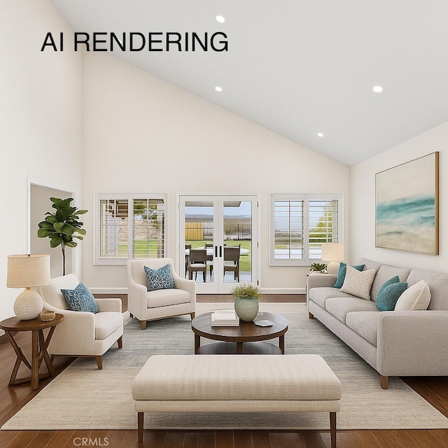 24239 Bella Ct, Newhall, CA 91321 - living area with high vaulted ceiling, wood finished floors, recessed lighting, and french doors