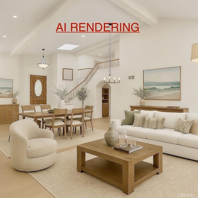 24239 Bella Ct, Newhall, CA 91321 - living room featuring beam ceiling, arched walkways, recessed lighting, and high vaulted ceiling