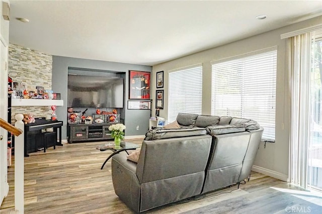 living area featuring baseboards and wood finished floors