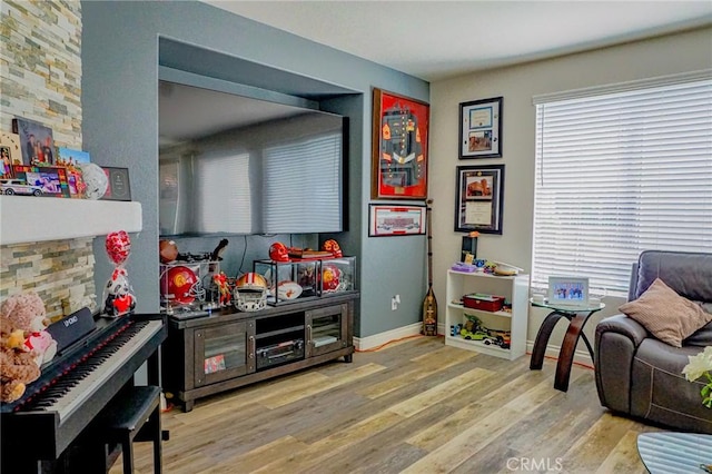 playroom with baseboards and wood finished floors