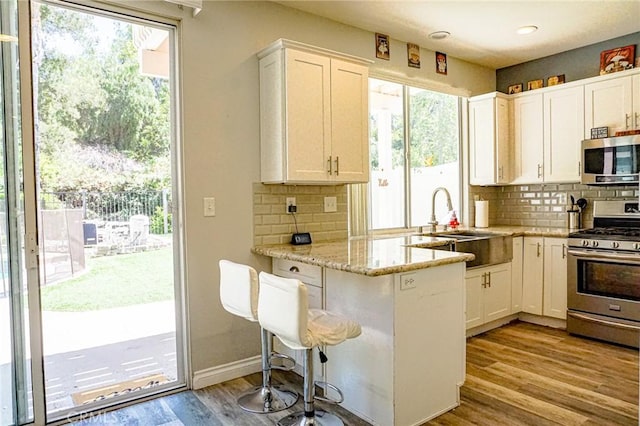 kitchen with a sink, appliances with stainless steel finishes, white cabinets, and a healthy amount of sunlight