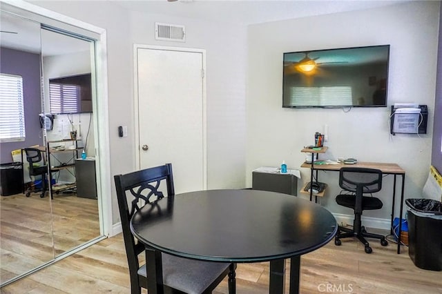 dining room featuring light wood-type flooring and visible vents