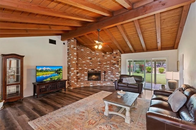 living room featuring visible vents, a brick fireplace, wood finished floors, wooden ceiling, and lofted ceiling with beams