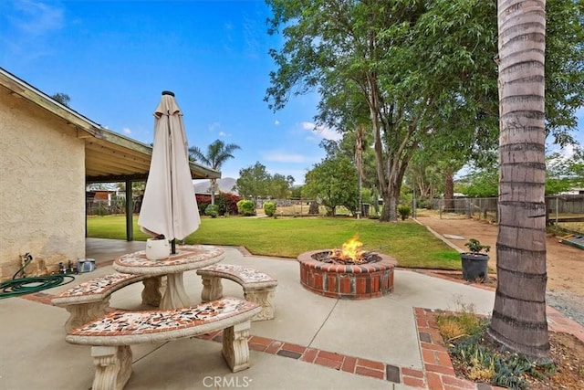 view of patio / terrace featuring a fire pit and a fenced backyard