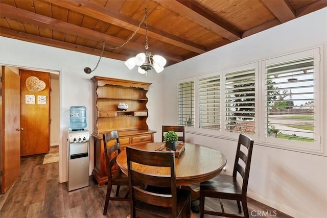 dining space with beam ceiling, baseboards, wooden ceiling, dark wood finished floors, and a notable chandelier
