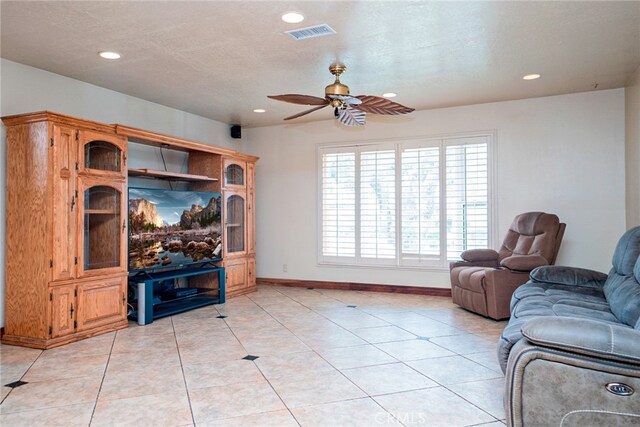 2136 Forbes Ave, Claremont, CA 91711 - living room with ceiling fan, recessed lighting, baseboards, light tile patterned floors, and visible vents