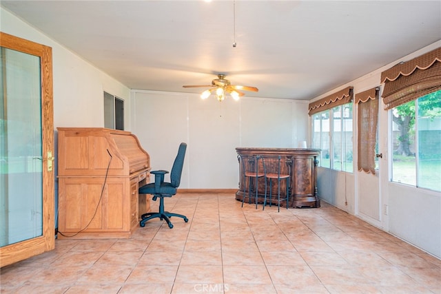 2136 Forbes Ave, Claremont, CA 91711 - home office with a bar, a ceiling fan, and light tile patterned floors