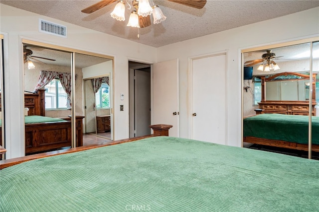 2136 Forbes Ave, Claremont, CA 91711 - bedroom featuring multiple closets, ceiling fan, a textured ceiling, and visible vents