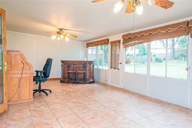 2136 Forbes Ave, Claremont, CA 91711 - office space with a bar, ornamental molding, ceiling fan, and light tile patterned floors