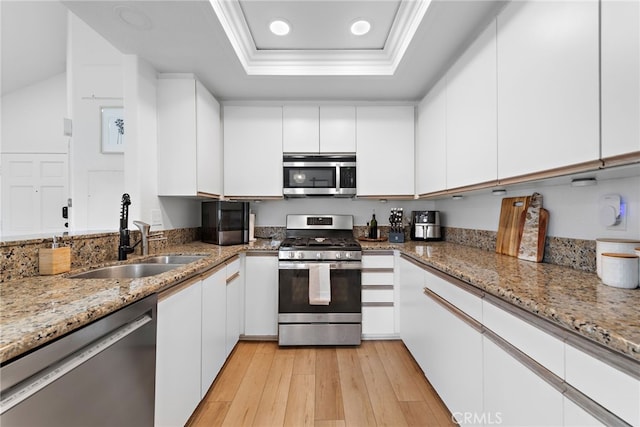 112 Cinnamon Teal, Aliso Viejo, CA 92656 - kitchen featuring stainless steel appliances, a sink, a tray ceiling, white cabinets, and recessed lighting