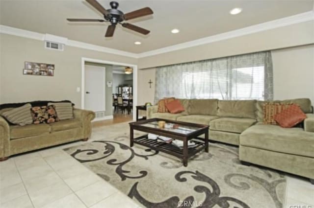 1600 S Pomona Ave Unit C3, Fullerton, CA 92832 - tiled living room with ornamental molding, ceiling fan, and recessed lighting